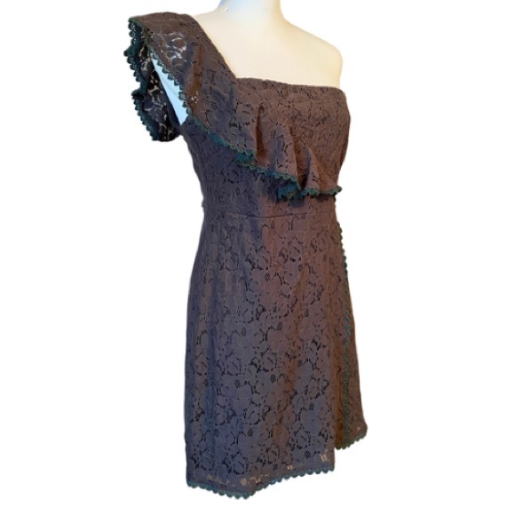 Brown Lace Ruffled One-Shoulder Sheath Dress w/ Green Trim by 5th Culture (L) - Picture 11 of 14
